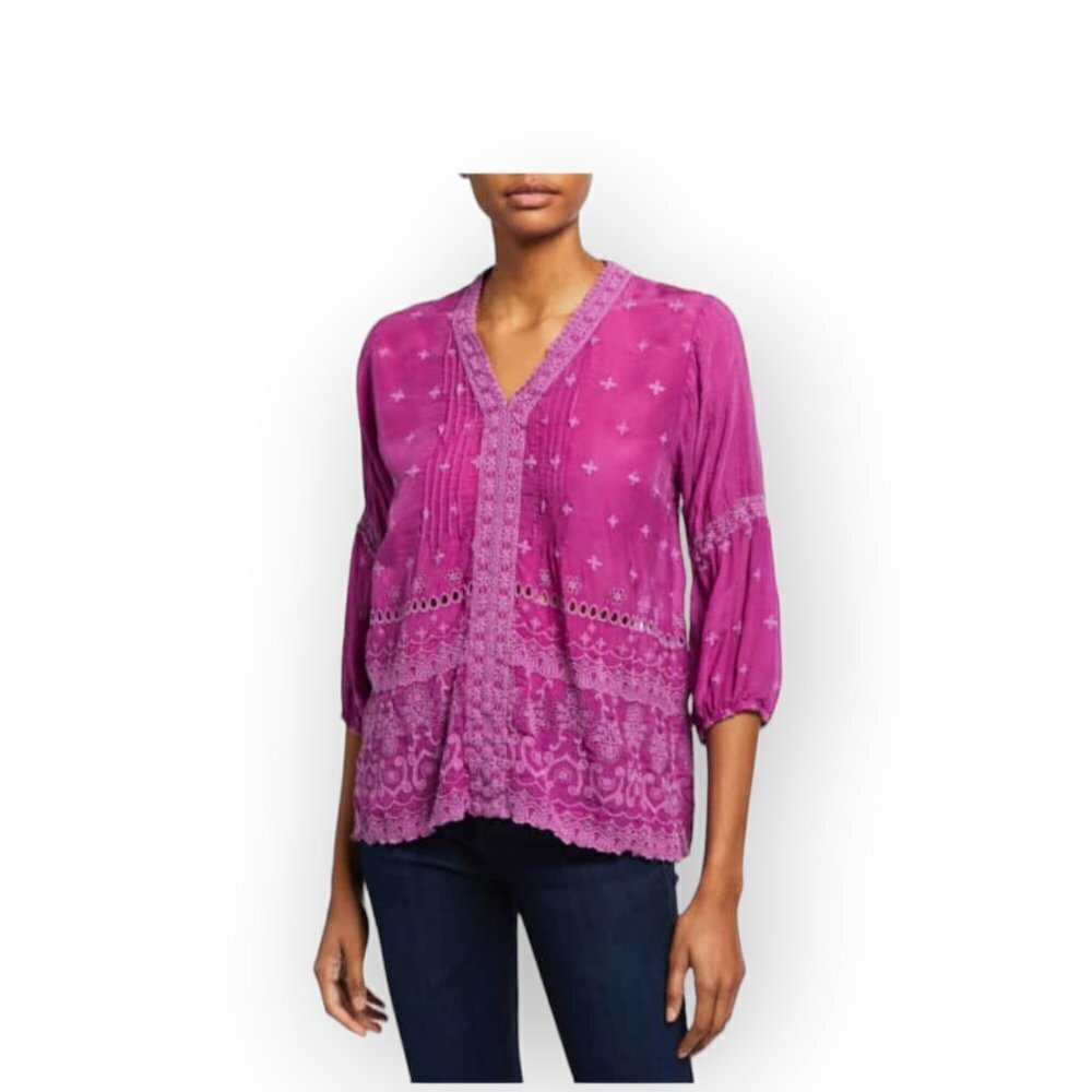 Johnny Was Tatiana Embroidered Eyelet Blouse XS Deep Magenta 100% Cotton Relaxed